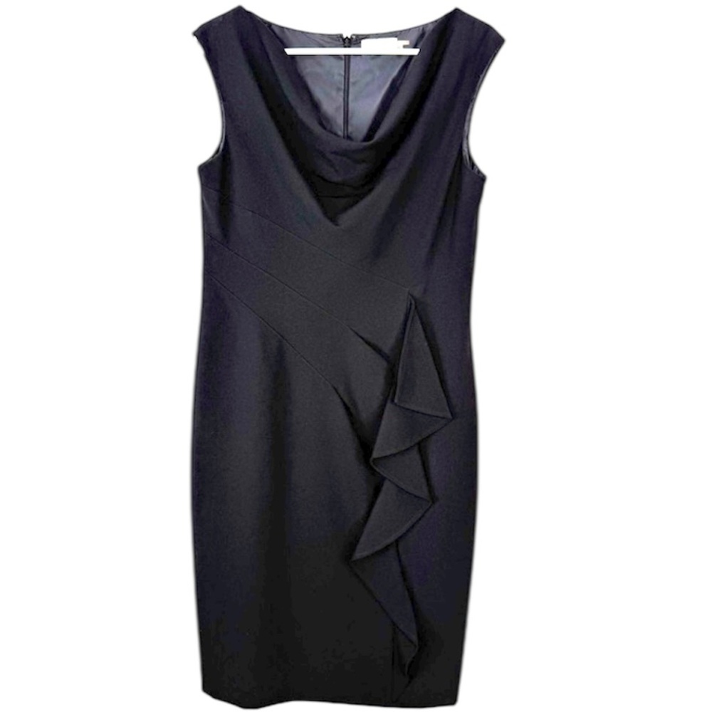 Calvin Klein Black Sleeveless Sheath Dress Ruffle Cowl Neck Size 10